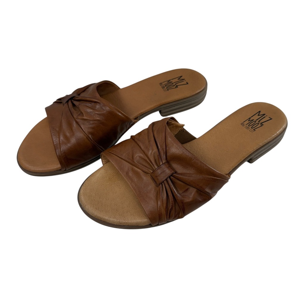 Miz Mooz Daisy Slide Sandals Womens Size 42/10.5-11 Cognac‎ Brown Leather Ruched
